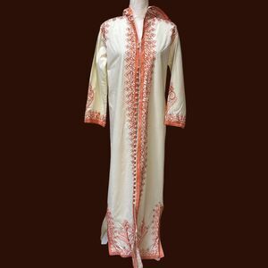 Vintage Imported Caftan Hooded Hostess Gown Coral Soutache Embroidery